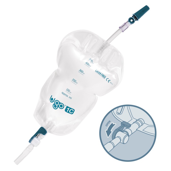 Ugo 1C, Beinbeutel 500ml, 5cm, Schwenkh (10Stck) steril, Schlauch 5cm, mit Textilbeschichtung