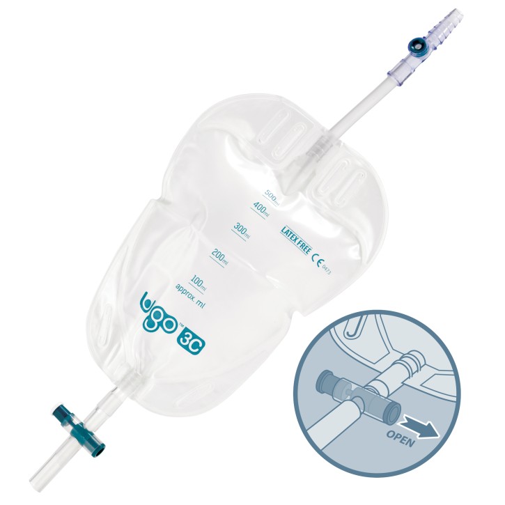 Ugo 3C, Beinbeutel 500ml, 5cm, Eckhahn (10 Stck) steril, Schlauch 5 cm, mit Textilbeschichtung