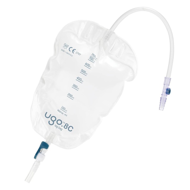 Ugo 8C, Beinbeutel 750ml, 25cm, Schwenkh (10 Stck) steril, Schlauch 25 cm, mit Textilbeschichtung