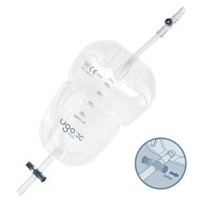 Ugo 3C, Beinbeutel 500ml, 5cm, Eckhahn (10 Stck) steril, Schlauch 5 cm, mit Textilbeschichtung
